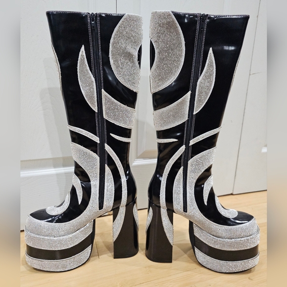 Dolls Kill Current Mood How Sweet It Is Platform Rhinestone Swirl Black Boots 8 - Picture 8 of 16